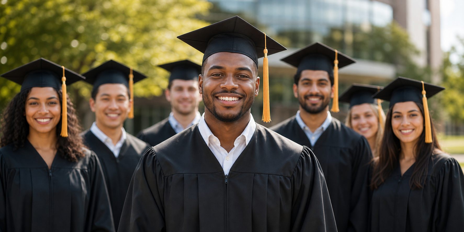 Graduates in academic gowns on campus
